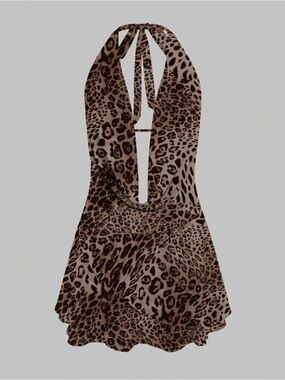 Brown Leopard Halter One-Piece Dress
